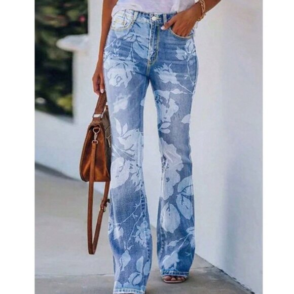 Vintage Style Floral Print Bell Bottom High Waist Denim Jeans - Picture 1 of 6